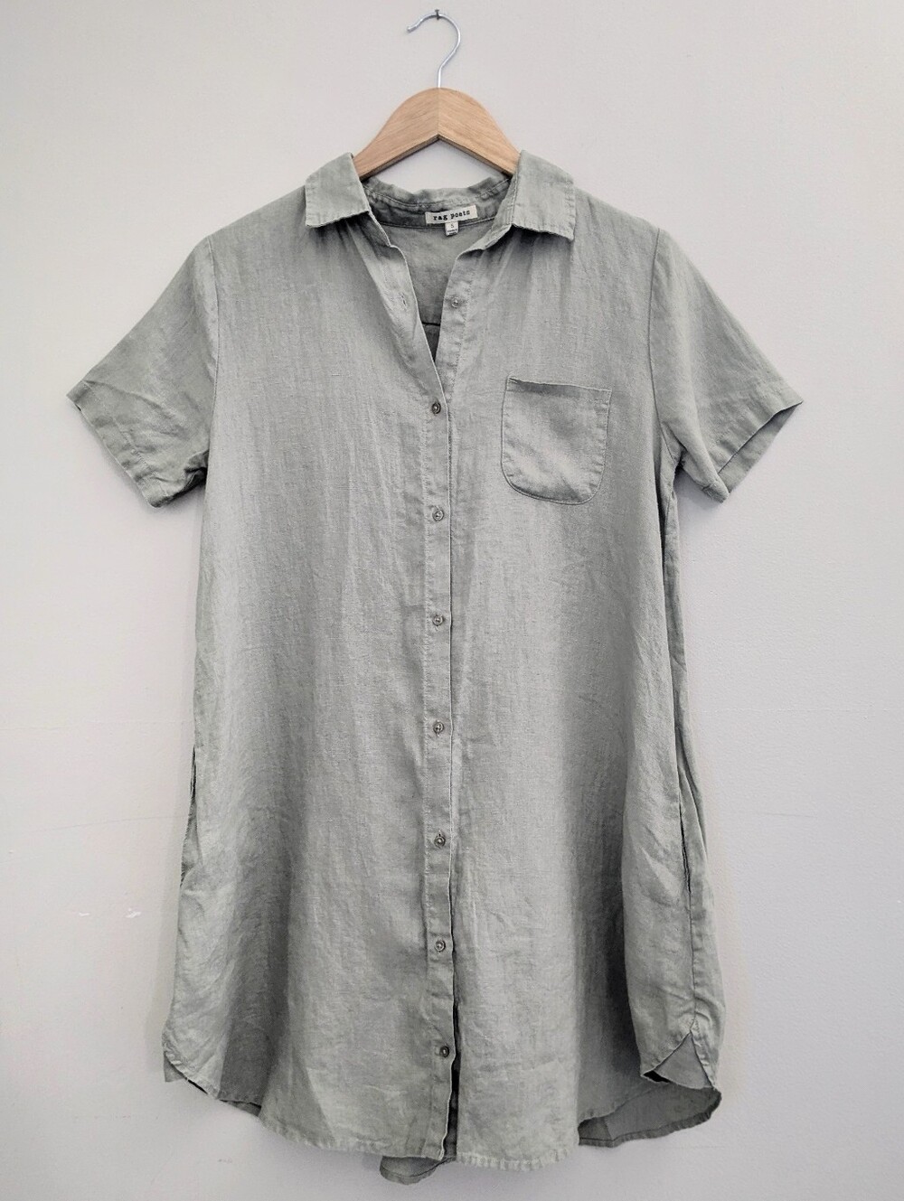 Rag Poets Linen Shirt Dress Green Short Sleeve Pockets Size Small